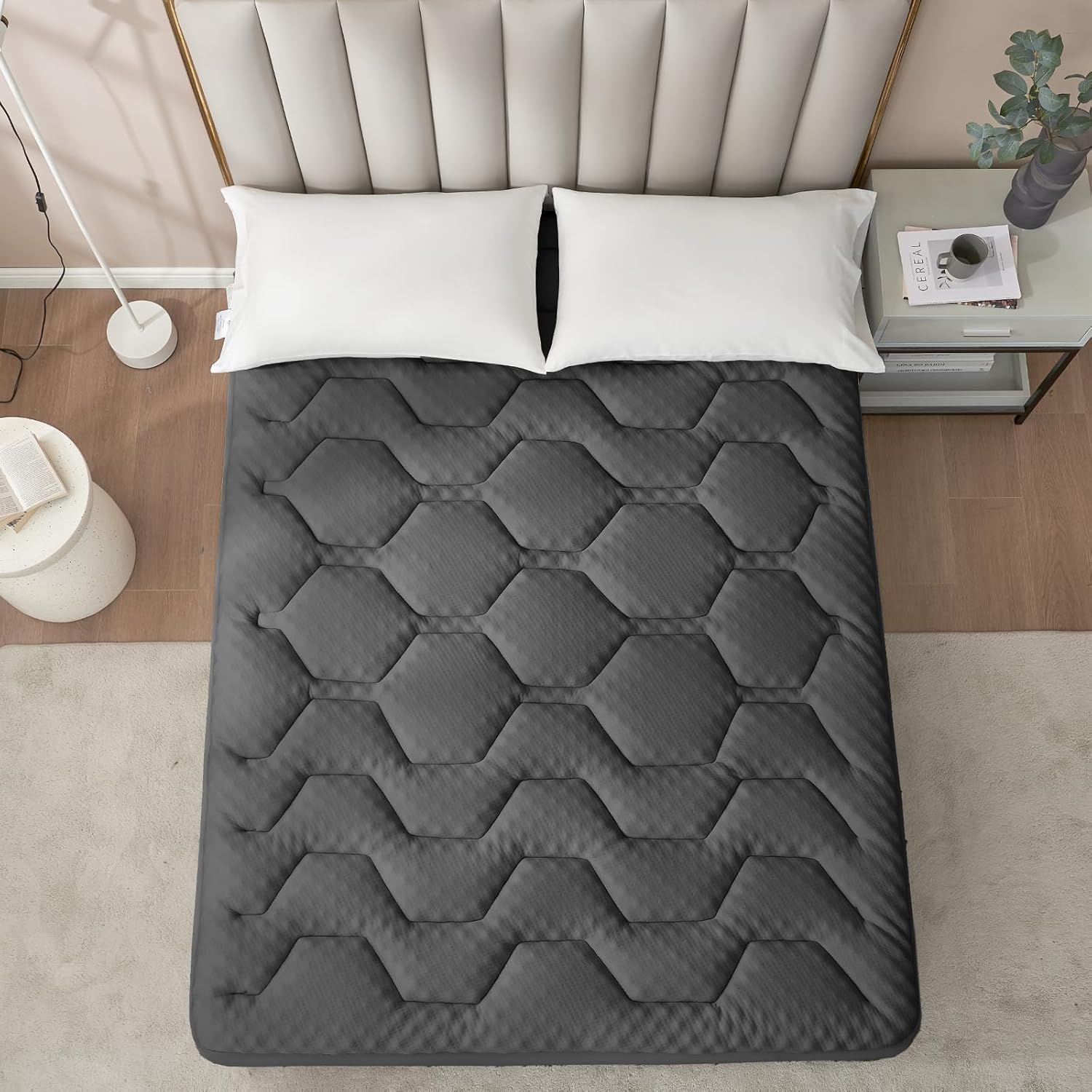 EHEYCIGA - Surmatelas mémoire de forme 160x200 - fibre rafraîchissante, poche profonde, gris foncé