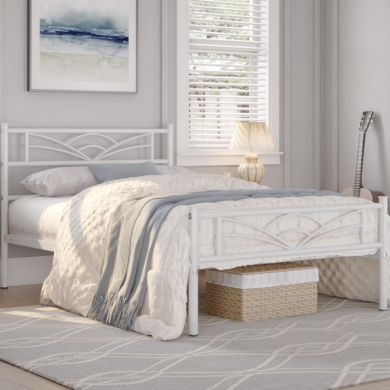 Yaheetech – lit simple métal – 90x200cm – blanc, montage facile