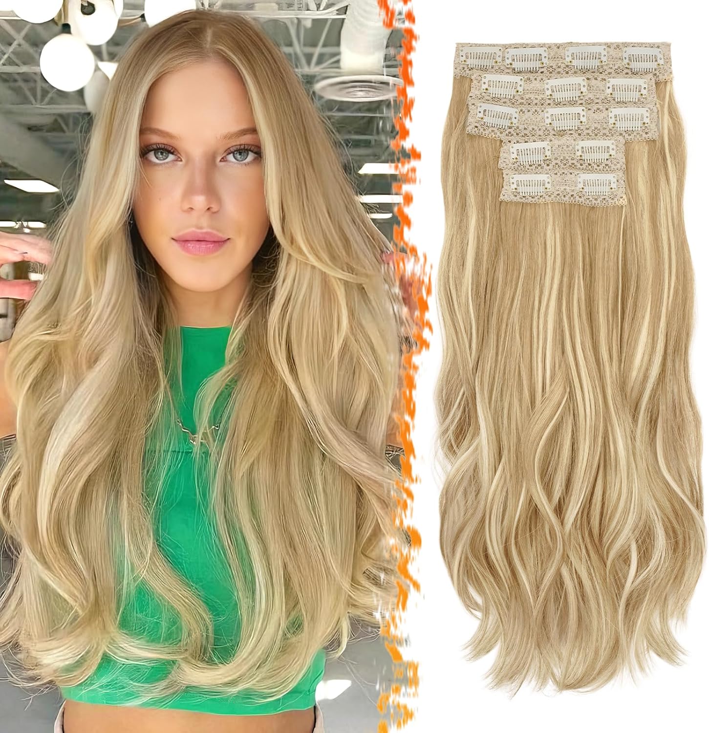 BARSDAR - Extensions à clips ondulées 50cm, blond cendré, lot de 5, synthétique