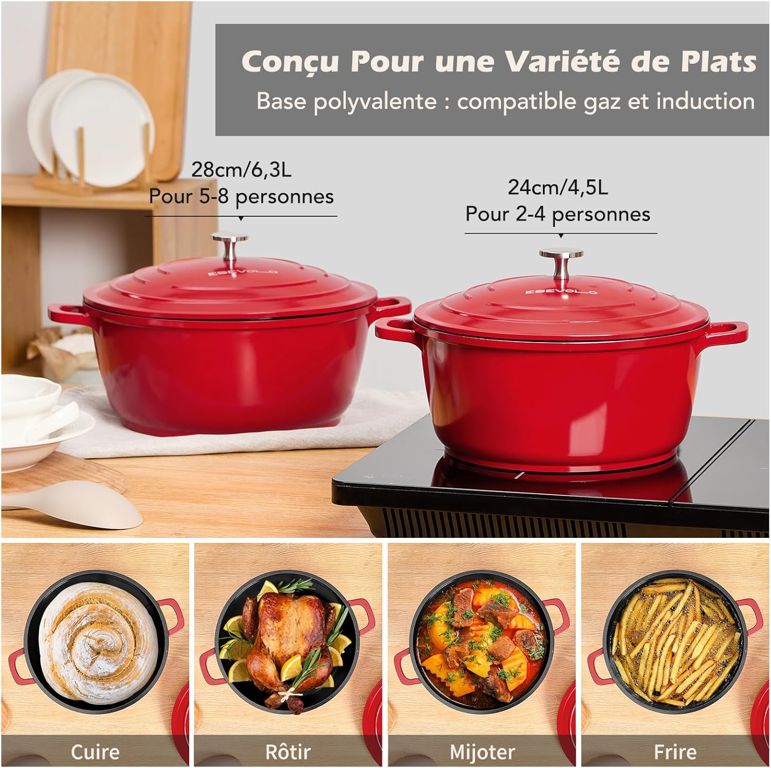 Cocotte fonte induction 28cm, 6,3L, aluminium, céramique, rouge