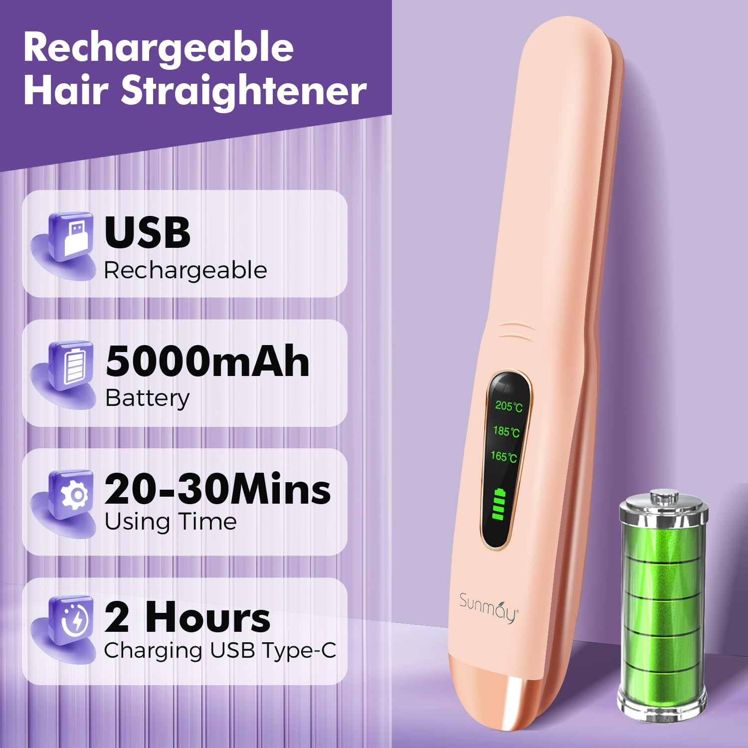 Sunmay - Voga 2 en 1 - mini format - lissage sans fil, USB rechargeable