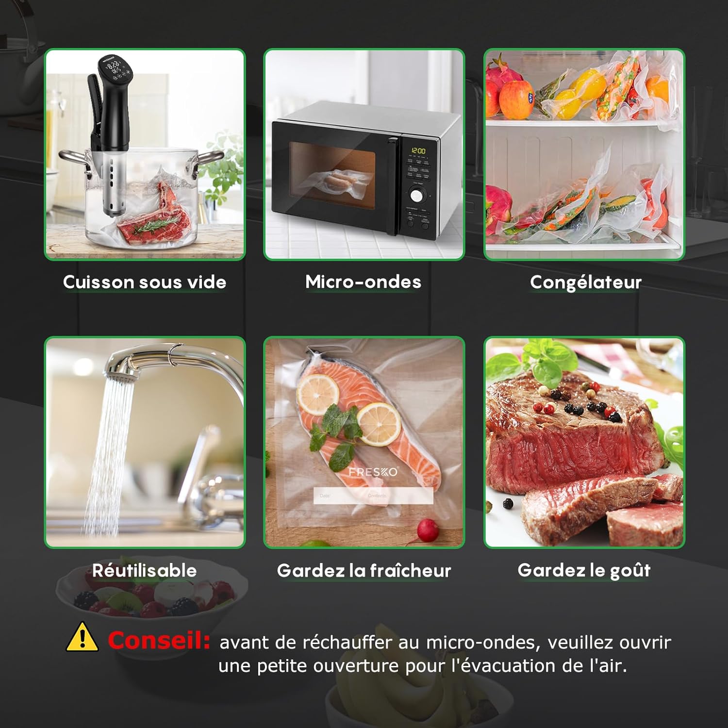 FRESKO - sacs sous vide alimentaires - 20x30cm, 120pcs, sans BPA, cuisson/congélation