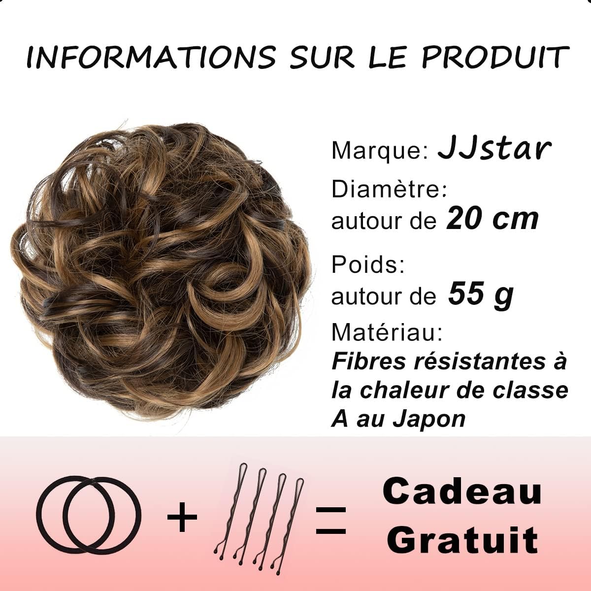 JJstar - Chignon Postiche bouclé/ondule, élastique, brun doré, cheveux synthétiques