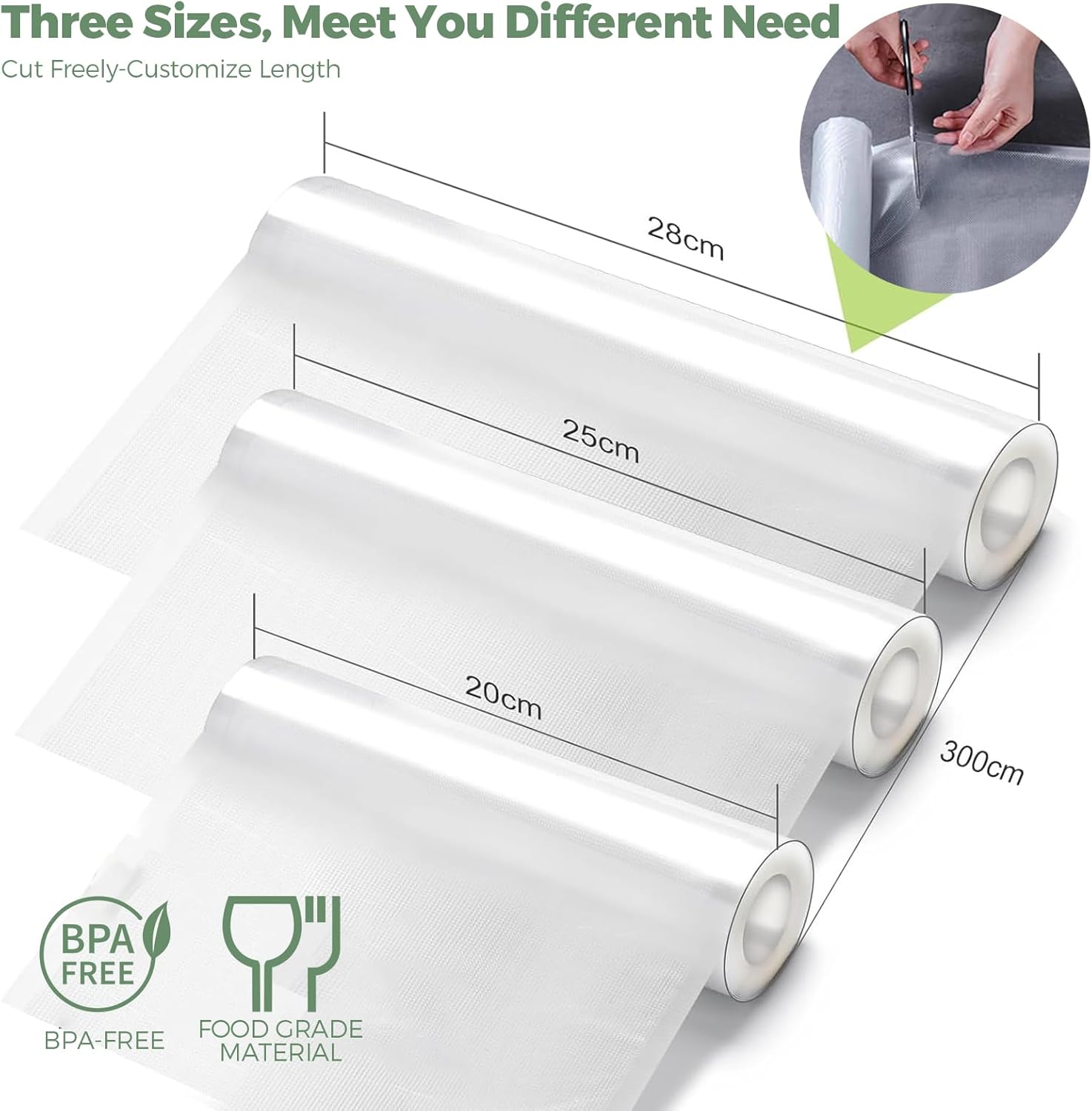 Sac sous vide alimentaire - pack 6 rouleaux - 28/25/20x300cm - sans BPA