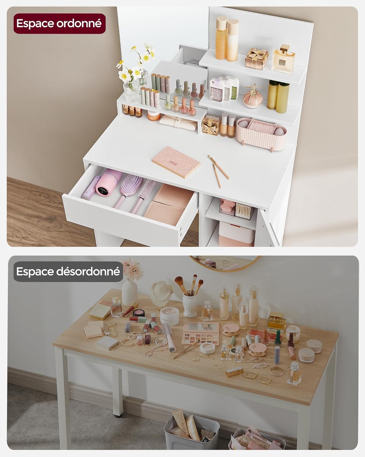 VASAGLE - Kailyn Collection coiffeuse, miroir, tabouret, étagères, blanc, RDT719W01