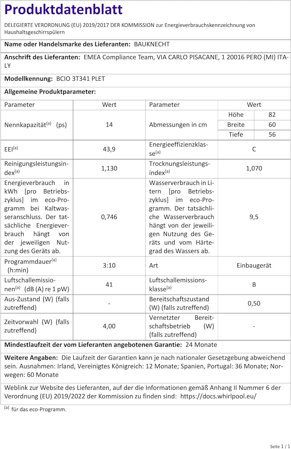 Bauknecht - lave-vaisselle intégrable 60cm, 14 couverts, PowerClean, ActiveDry, BCIO 3T341 PLET