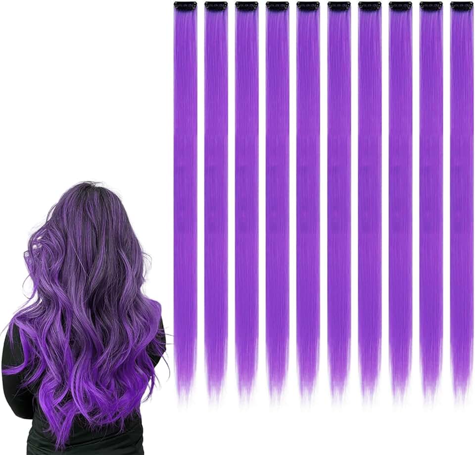 Extensions cheveux - 22 pouces - mèches clip colorées, raides, violet, lot de 10