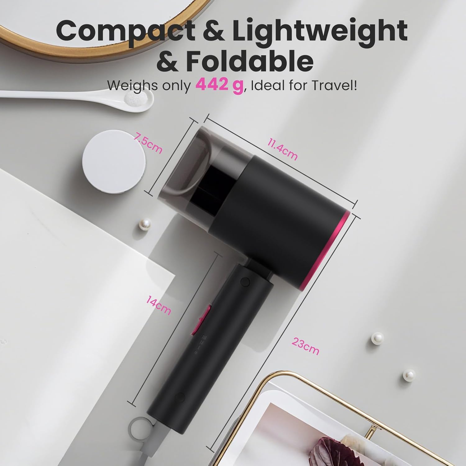 Sèche-cheveux pliable - 2000W - séchage rapide, air chaud/froid, compact