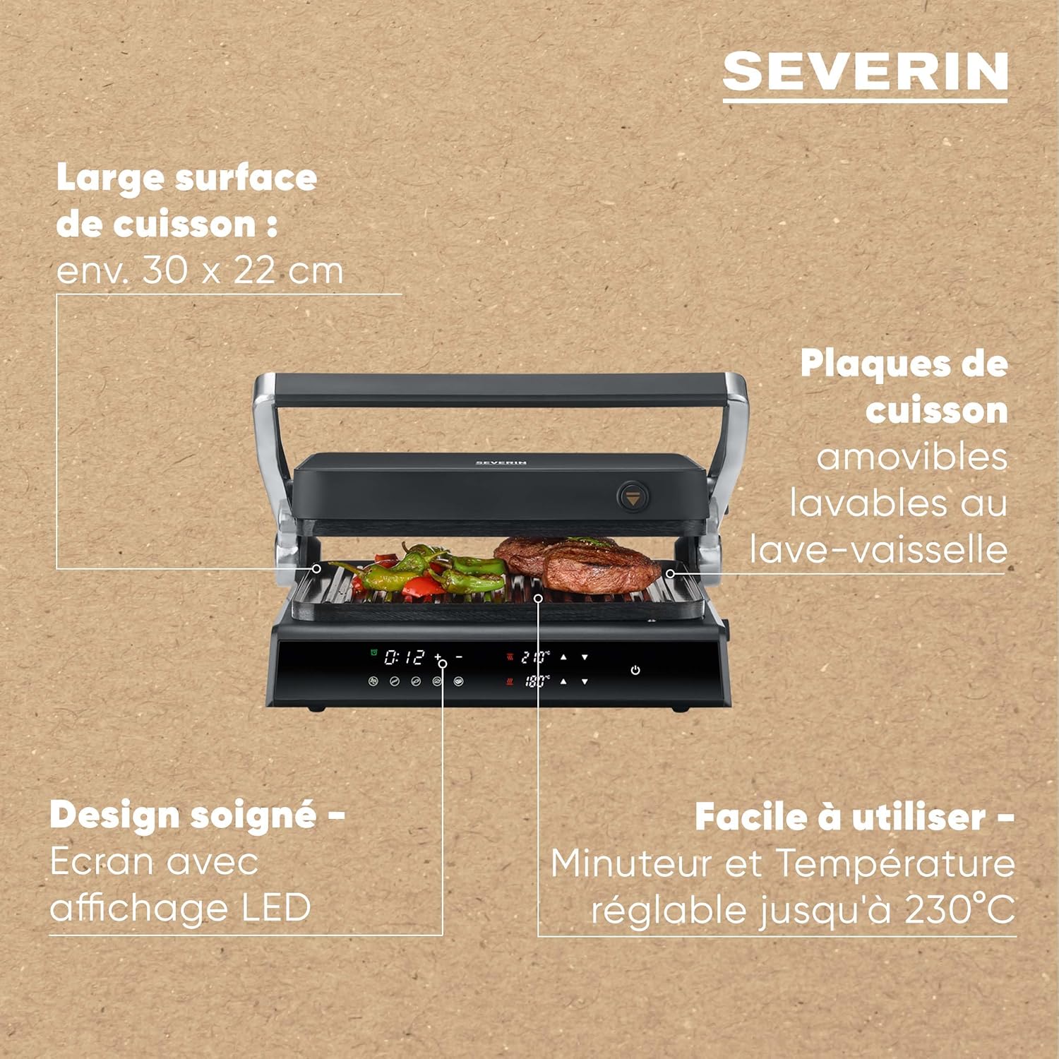 SEVERIN - Comfort Multi-gril, 5 programmes, plaques céramique, noir/inox, KG 2399