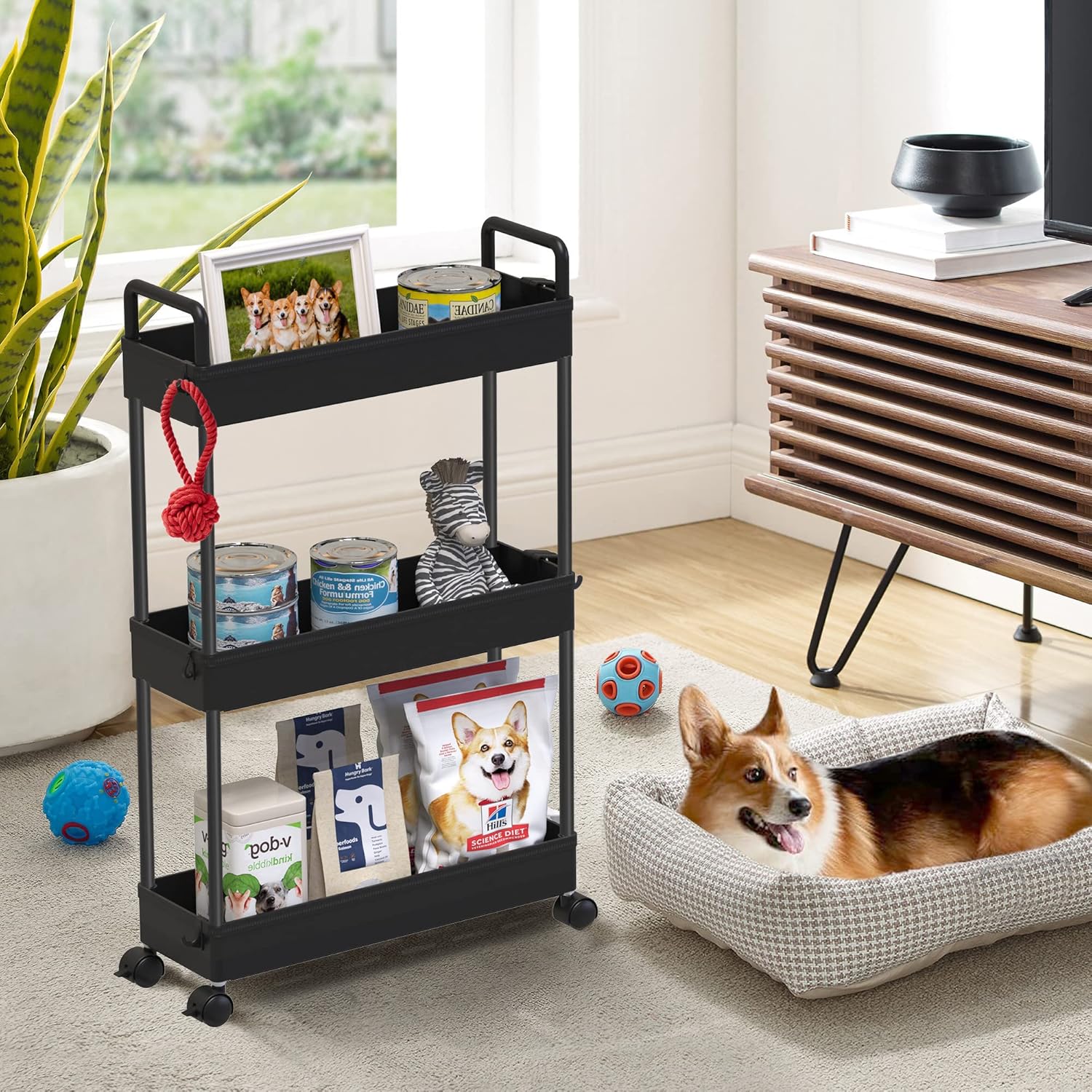 SOLEJAZZ - Chariot de rangement 3 étagères plastique, noir, mobile, compact - SOLEJAZZ