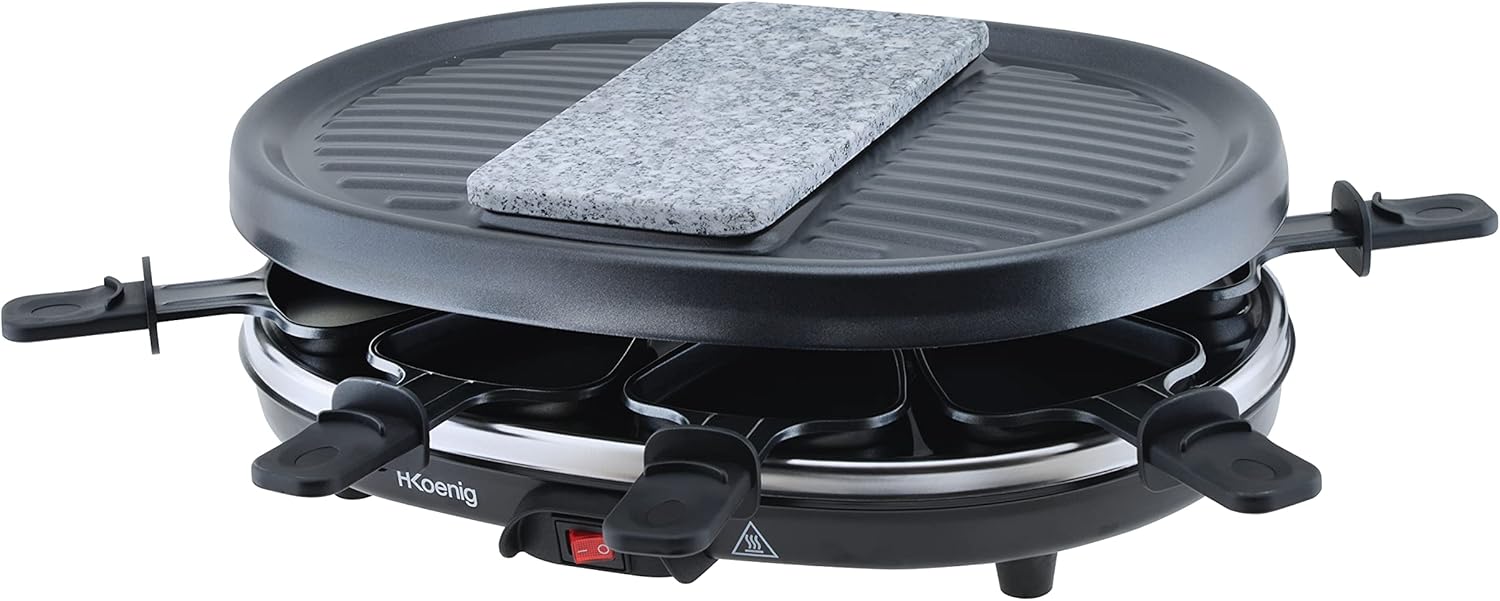 H.Koenig - raclette RP80 - 8 personnes - pierre granit, 8 poêlons antiadhésifs, plaque amovible
