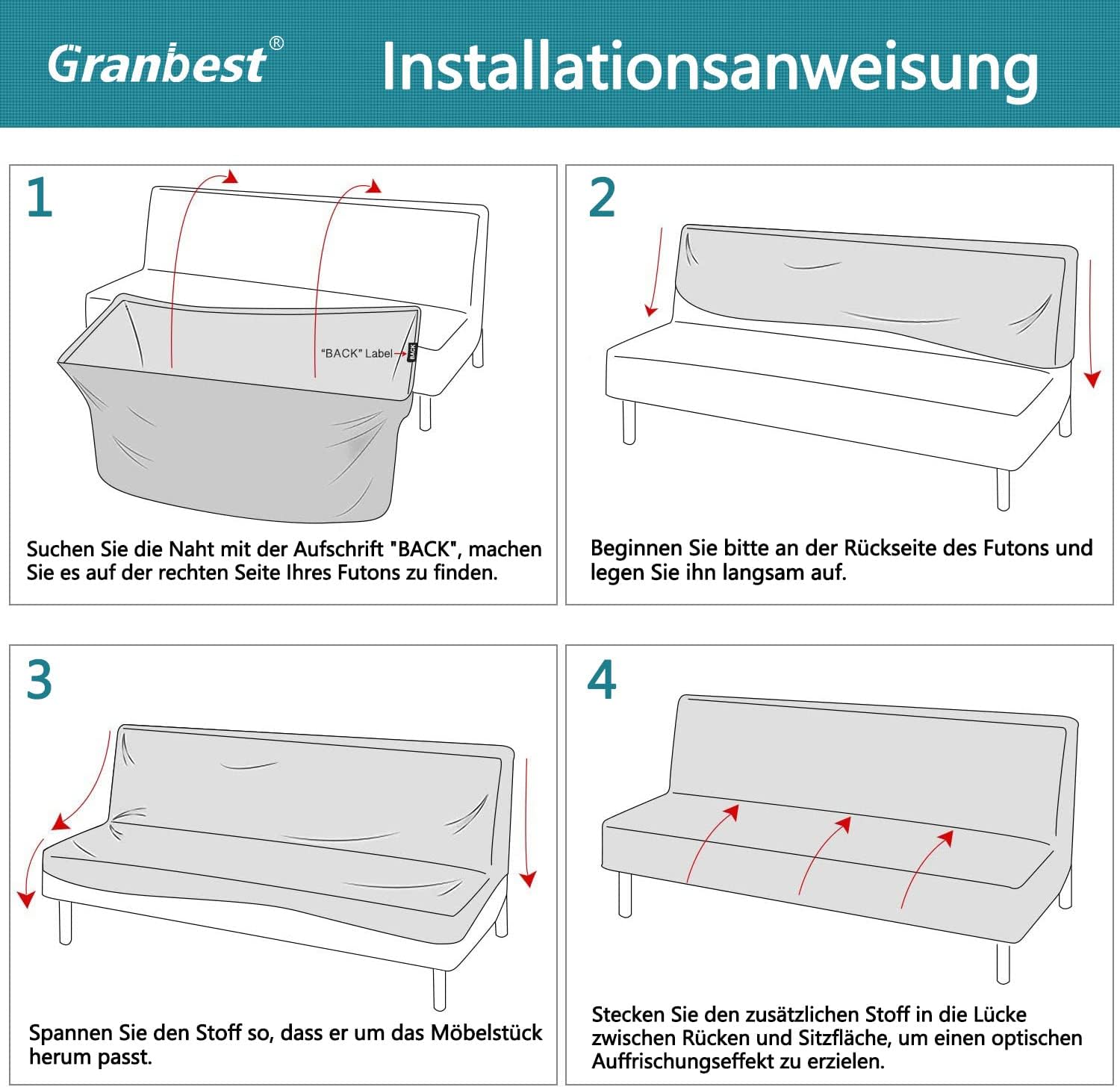 Granbest - housse futon sans bras - noir - imperméable, élastique, antidérapante
