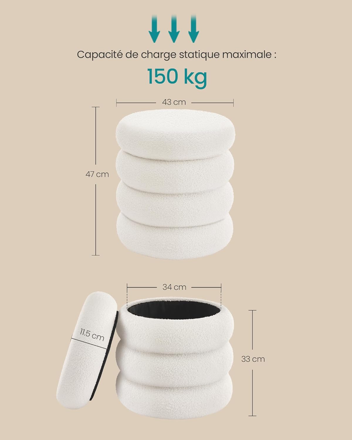 SONGMICS - pouf rond Teddy, 43x47 cm, rangement, blanc, LOM015WD01