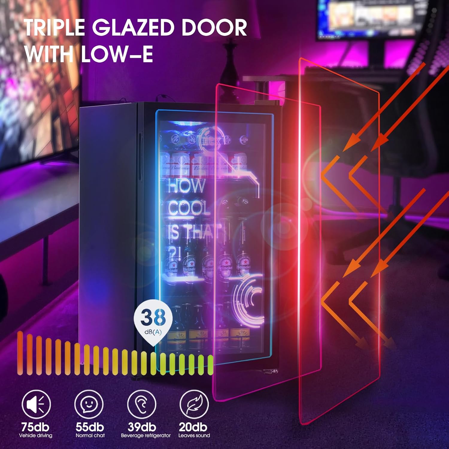 HCK - Mini Frigo 98L, éclairage LED, 0-10°C, silencieux, noir