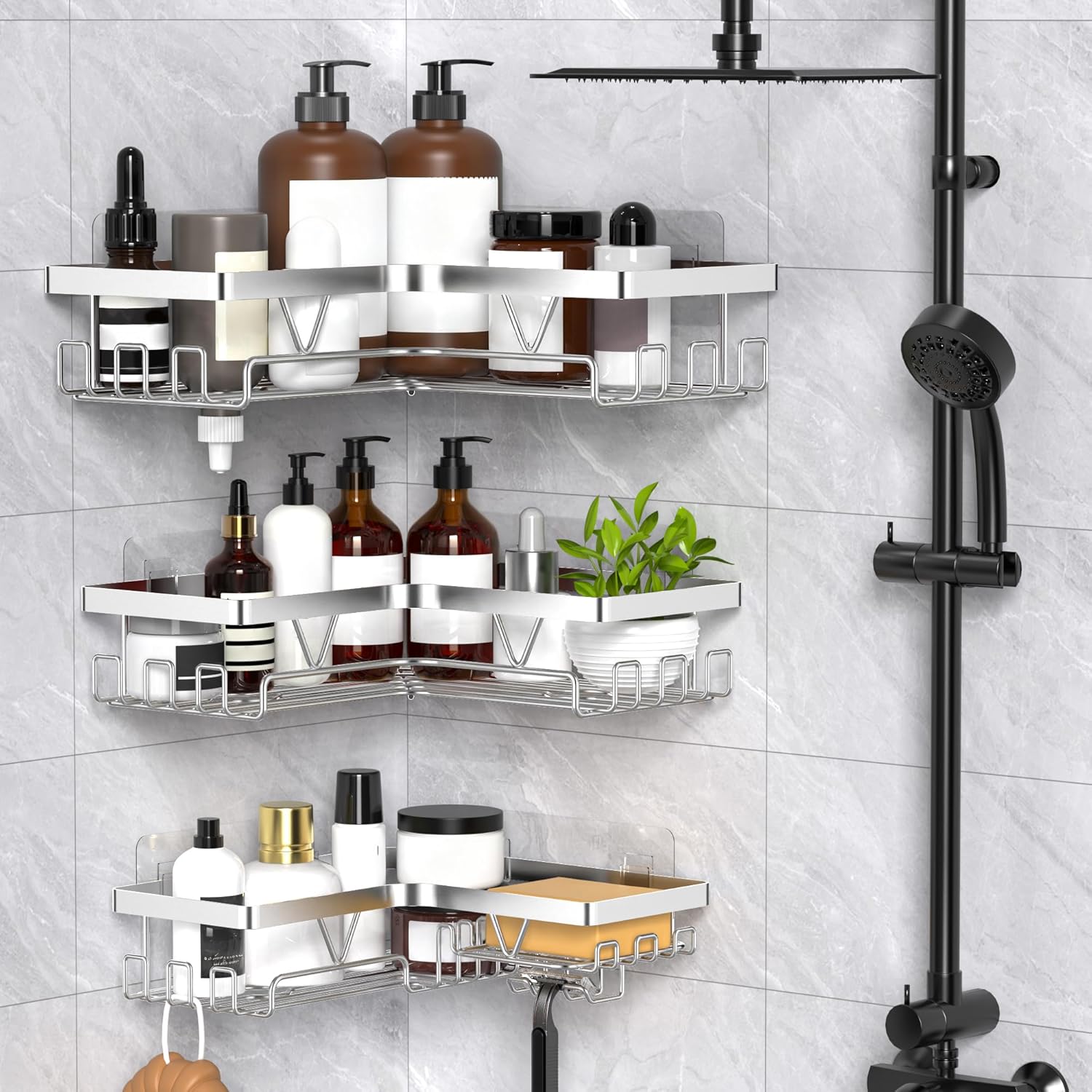 KEGII - étagère douche 3 niveaux - inox, angle, sans perçage, argent