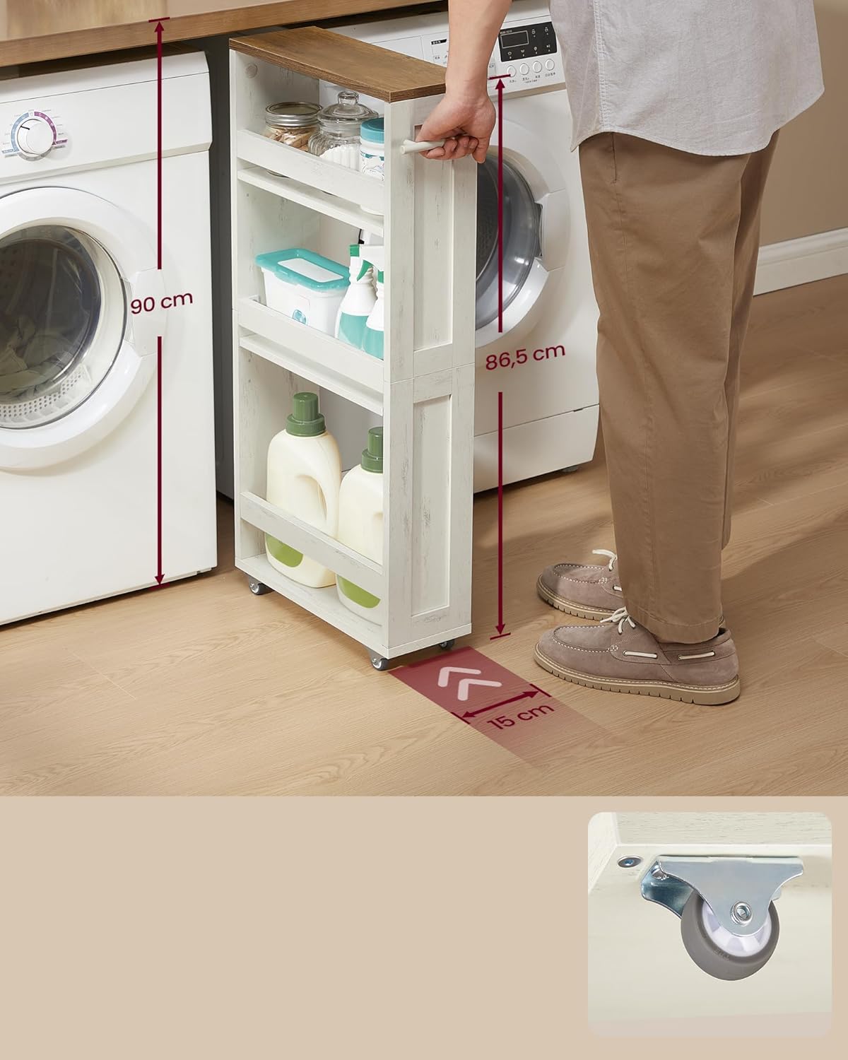 VASAGLE - chariot de rangement 4 niveaux - 15x43,2x86,5 cm - roulettes, poignée, blanc rustique et marron miel, LRC050K0