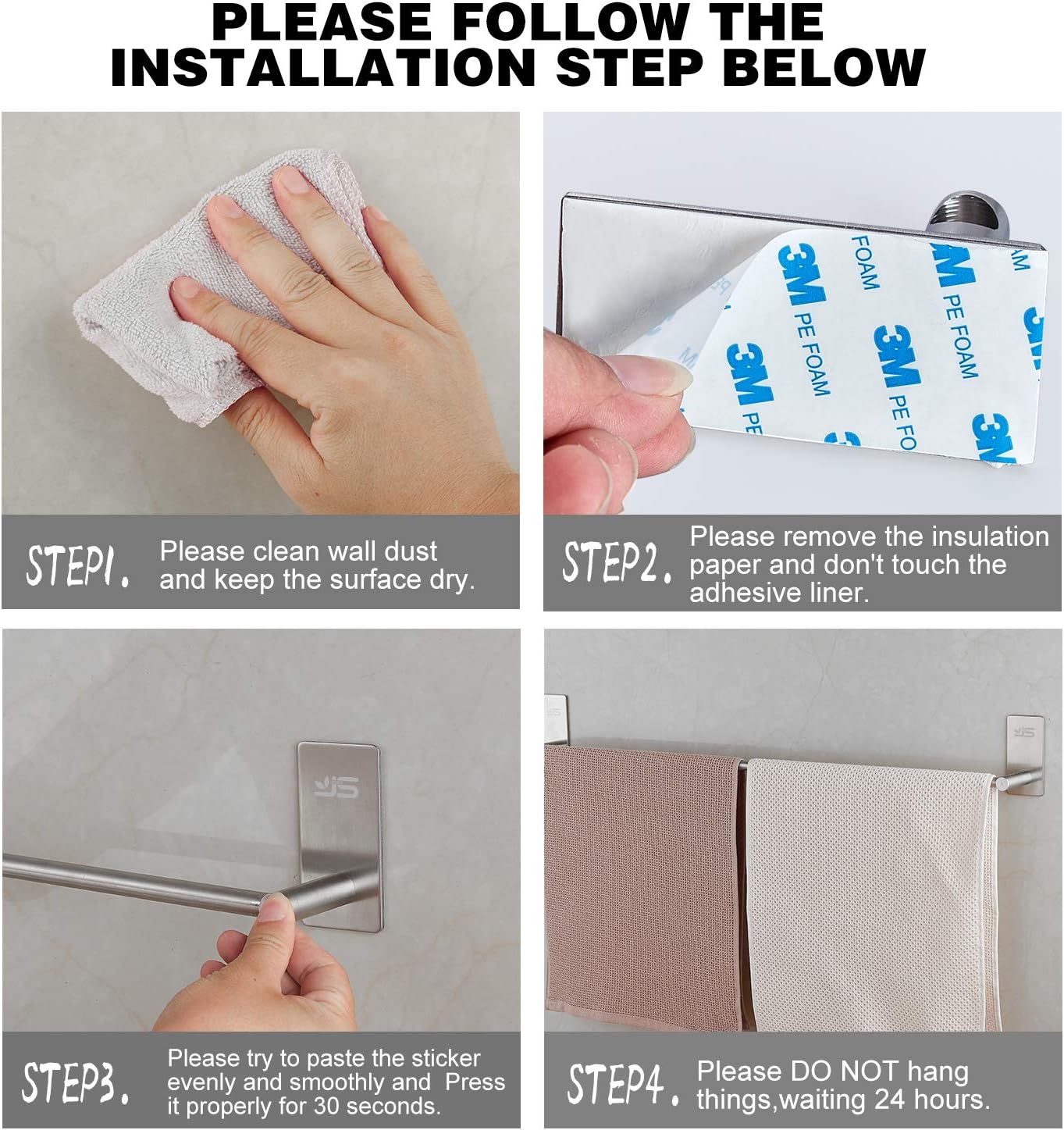 JS Porte-serviettes mural 30cm inox 304, auto-adhésif, sans perçage