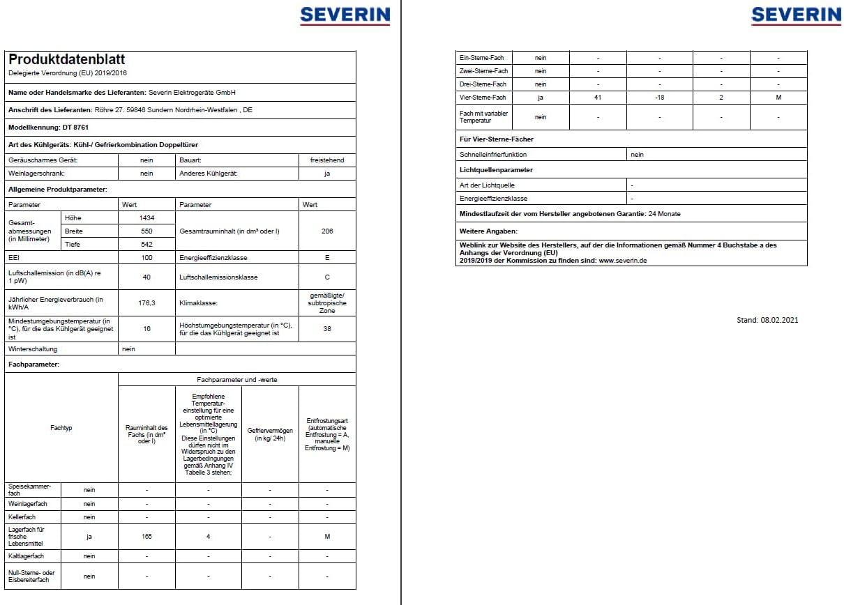 SEVERIN - DT 8761 - 55cm - réfrigérateur congélateur 206L Classe E