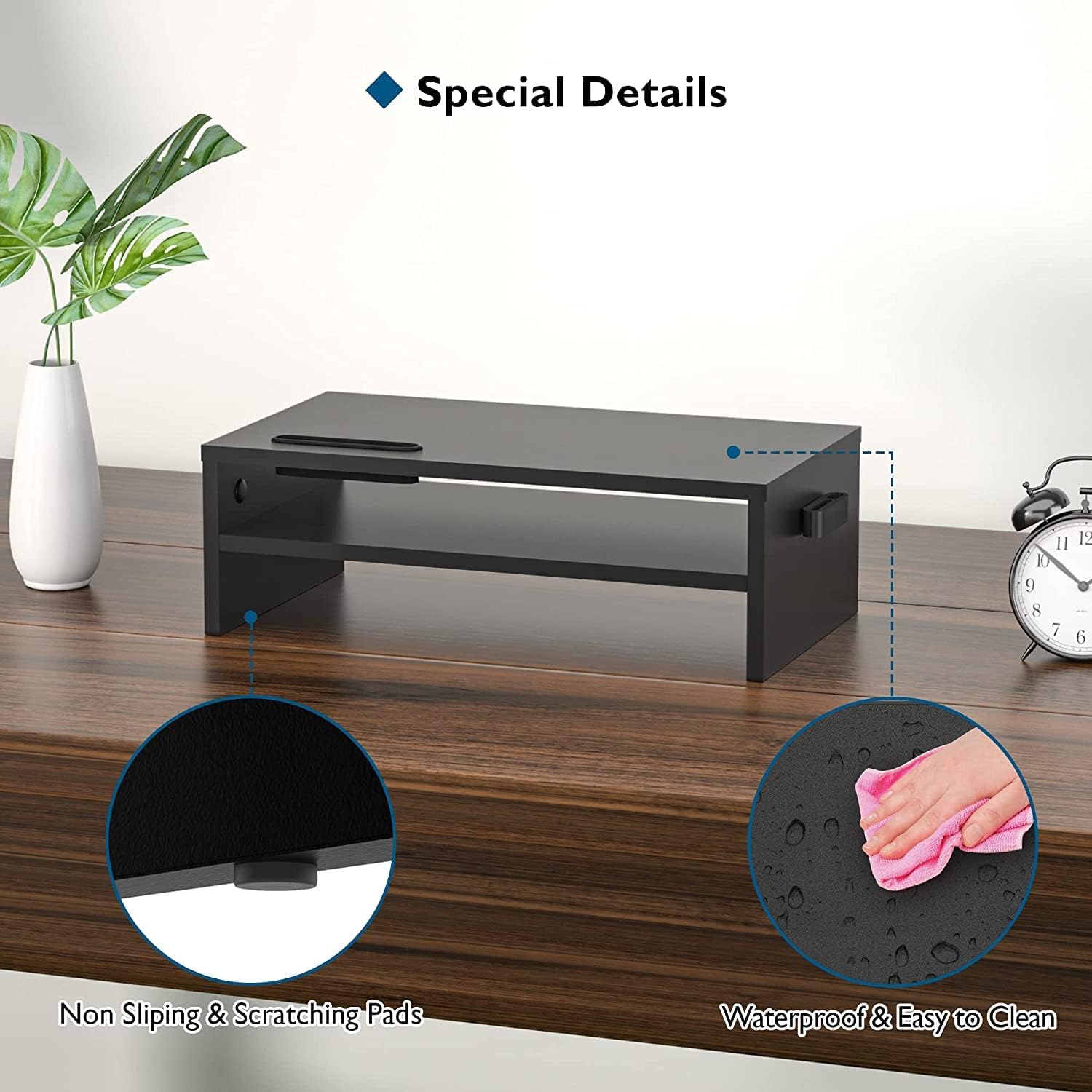 BONTEC - support écran 2 étages bois noir - 420mm - rangement optimal