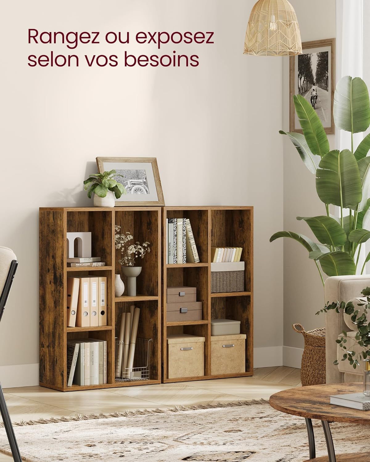 VASAGLE - Étagère cubique 5 cases, bois, rangement salon/bureau, LBC025X01