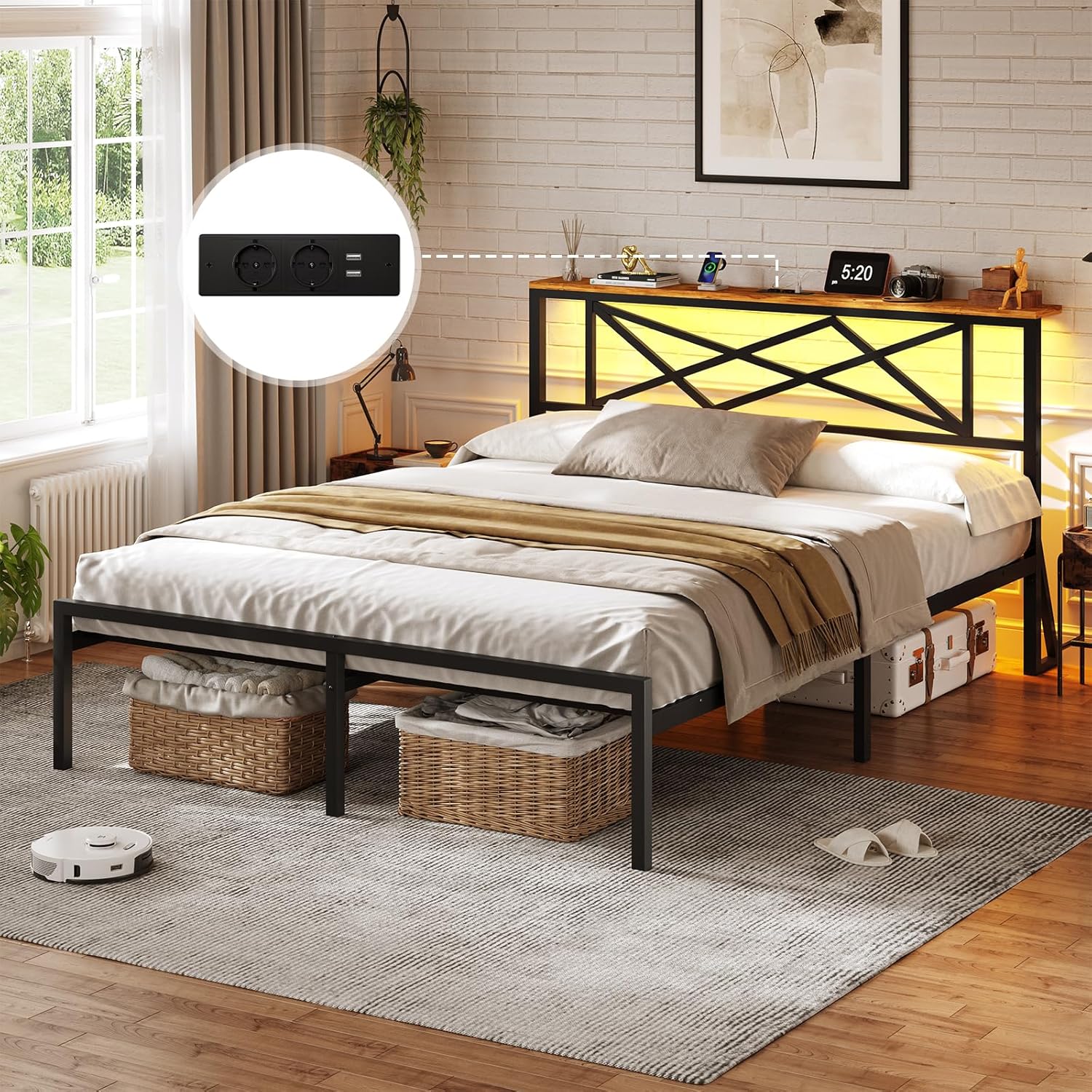 DICTAC - Lit double métal 140x200, LED, USB, rangement, vintage/NOIR - DICTAC