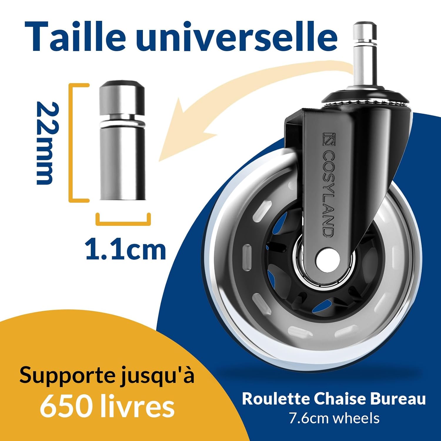 COSYLAND - 5PCS - 11x22mm - roulettes pivotantes silencieuses pour chaise de bureau