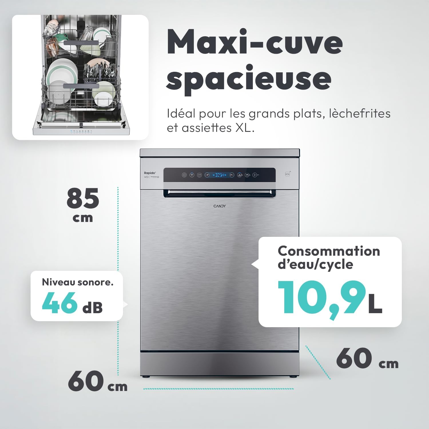 Candy - Lave-vaisselle série CF - 60x82 cm - 14 couverts, classe C, inox, contrôle à distance, CF 4C6F0X