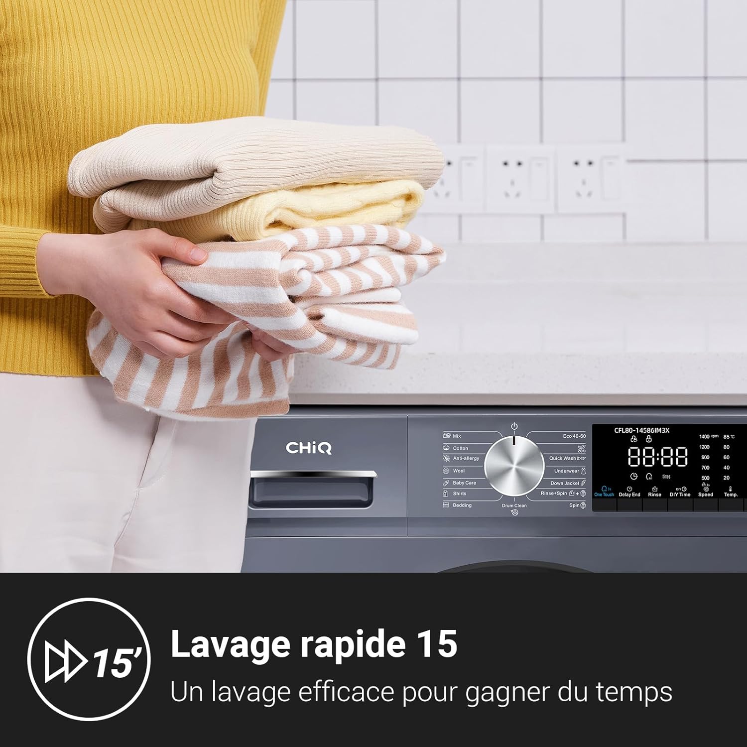 CHiQ - Lave-linge frontal 8 kg, 1400 tr/min, vapeur, IA, CFL80-14586IM3XA