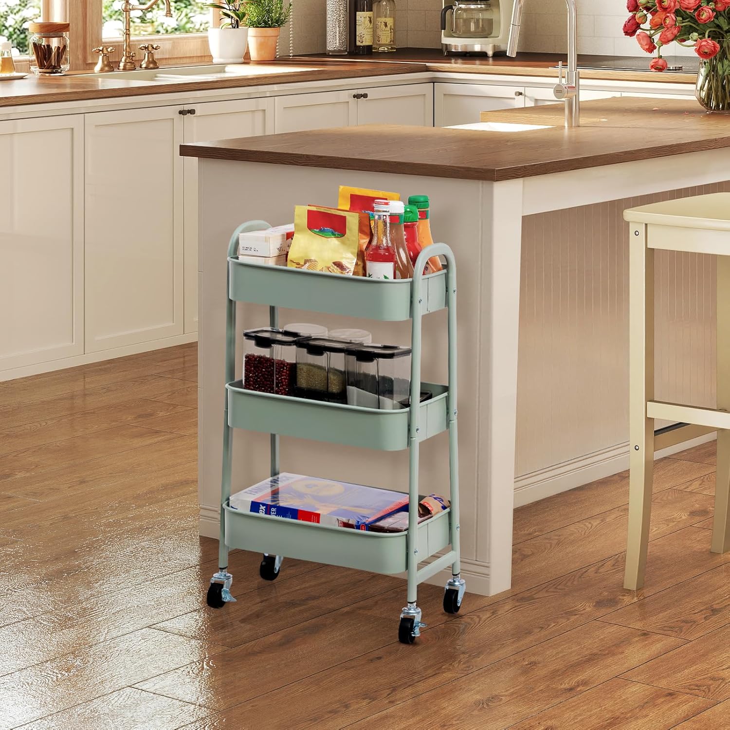 DOEWORKS - Chariot de rangement 3 niveaux à roulettes, métal, cyan, idéal cuisine/bureau/salle de bain