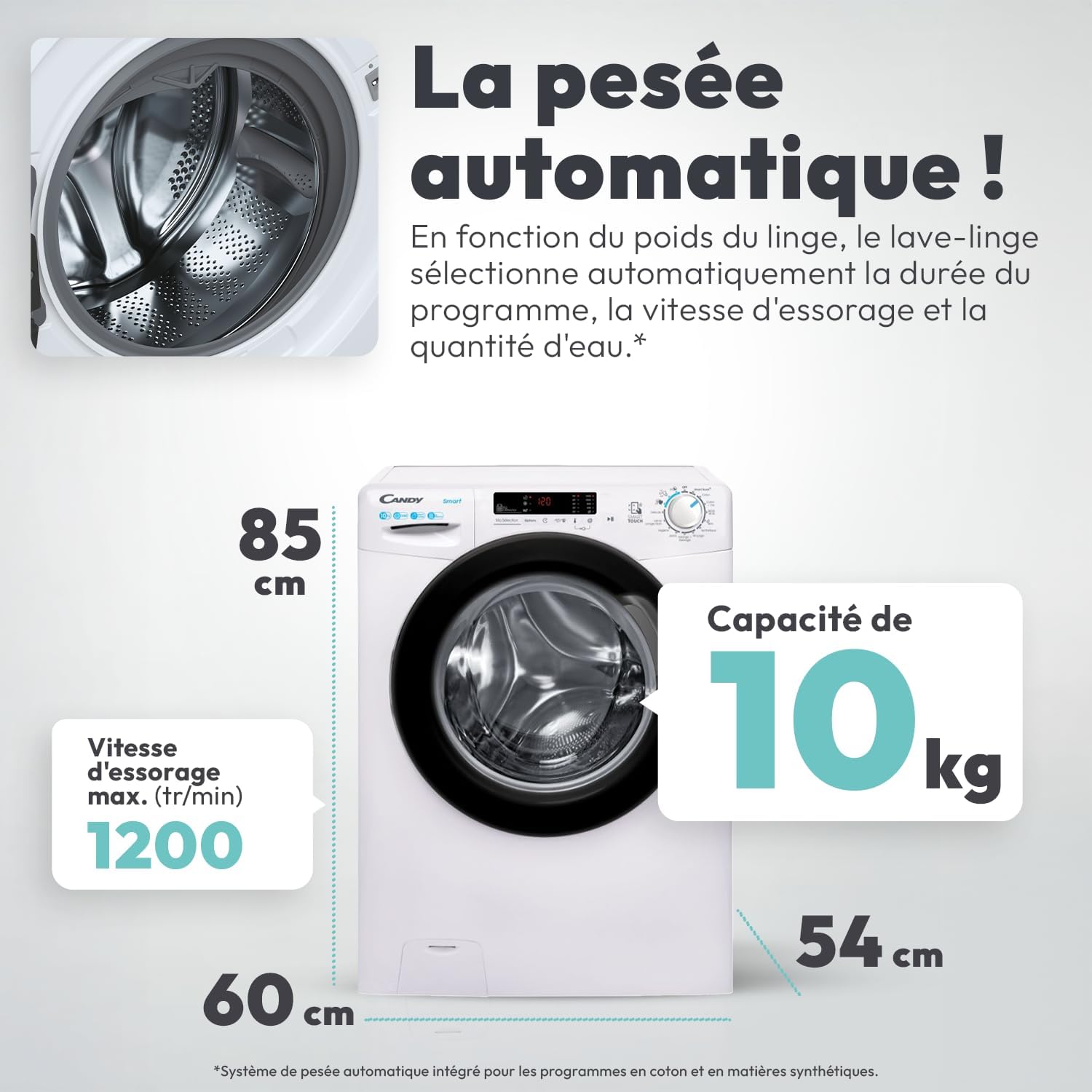 Candy - Série CS - 10kg, 1200trs/min, NFC, écran digital, 85x60x54cm - CS12102DWB4/1-47