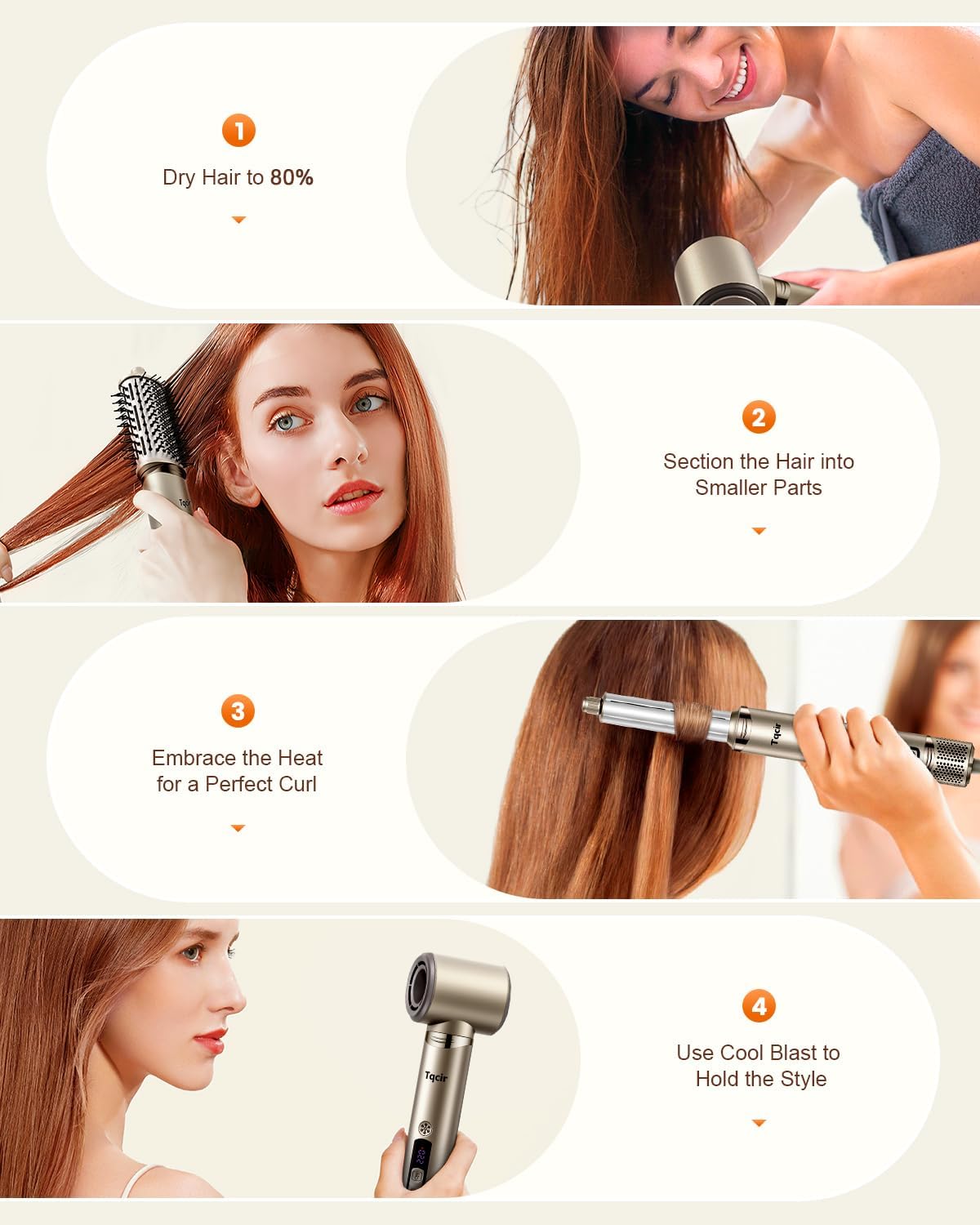 Brosse sèche-cheveux 5 en 1 - multi-styler, séchage rapide, enroulement auto, rangement, sans dommage