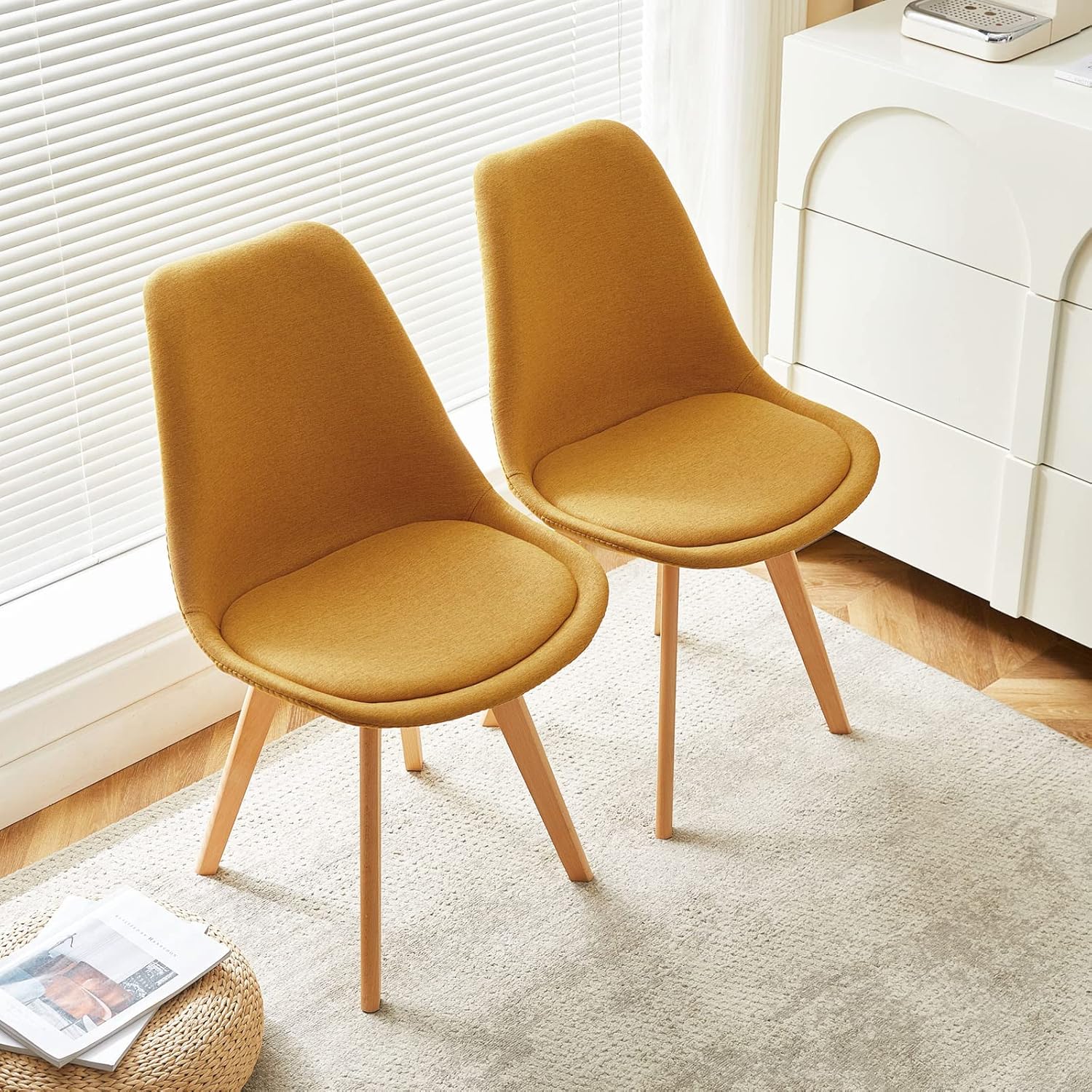 EGGREE - Lot de 2 chaises scandinaves tissu lin jaune, bois hêtre, rembourrées