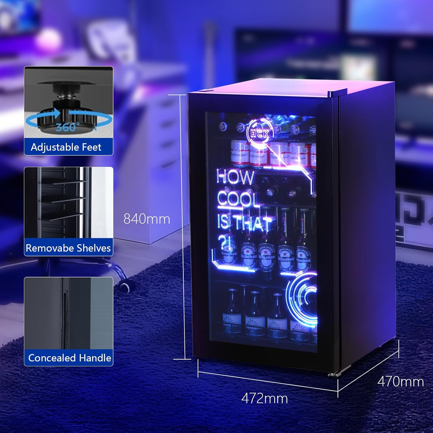 HCK - Mini Frigo 98L, éclairage LED, 0-10°C, silencieux, noir