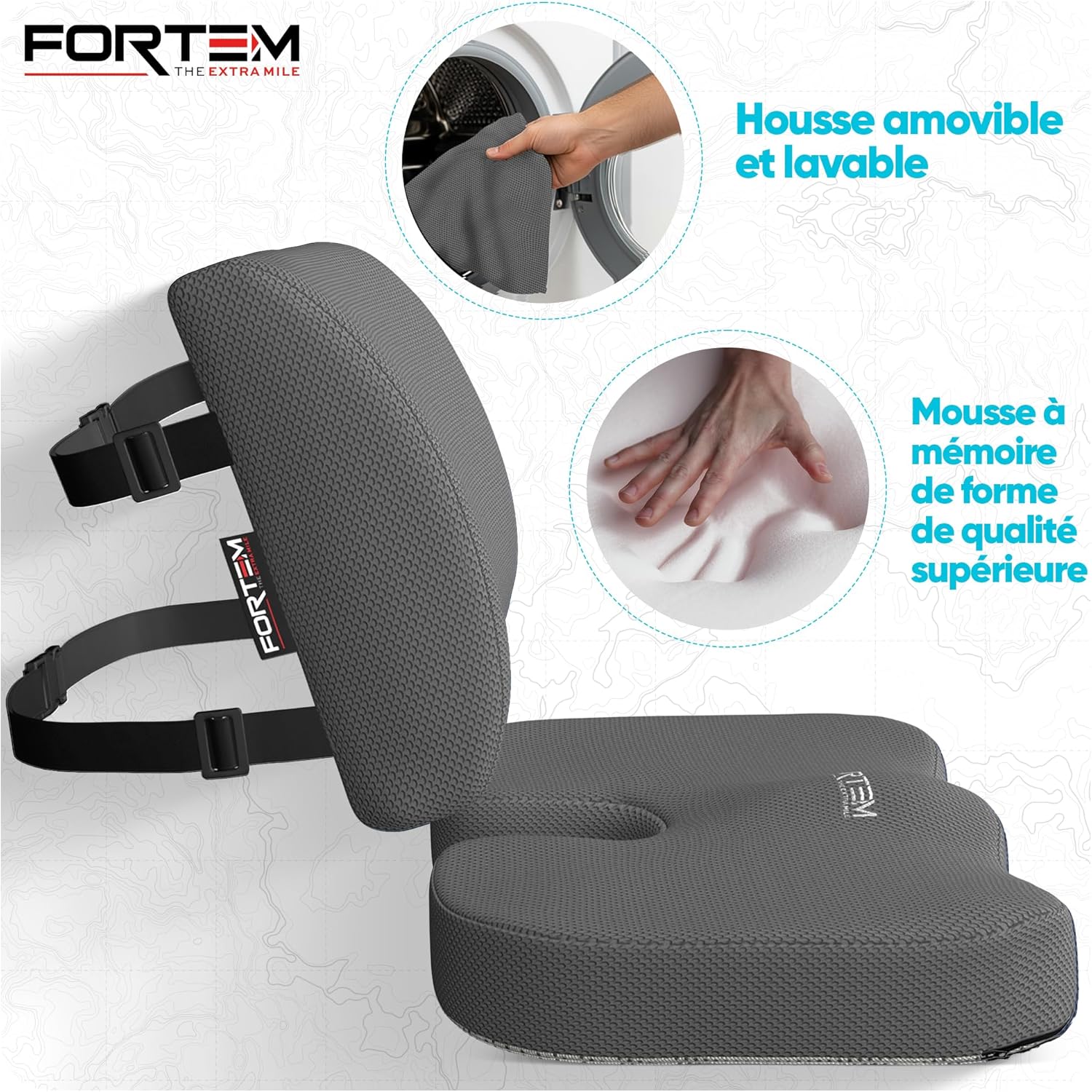FORTEM - Coussin lombaire/assise, mousse mémoire, antidérapant, confort dos, chaise et auto
