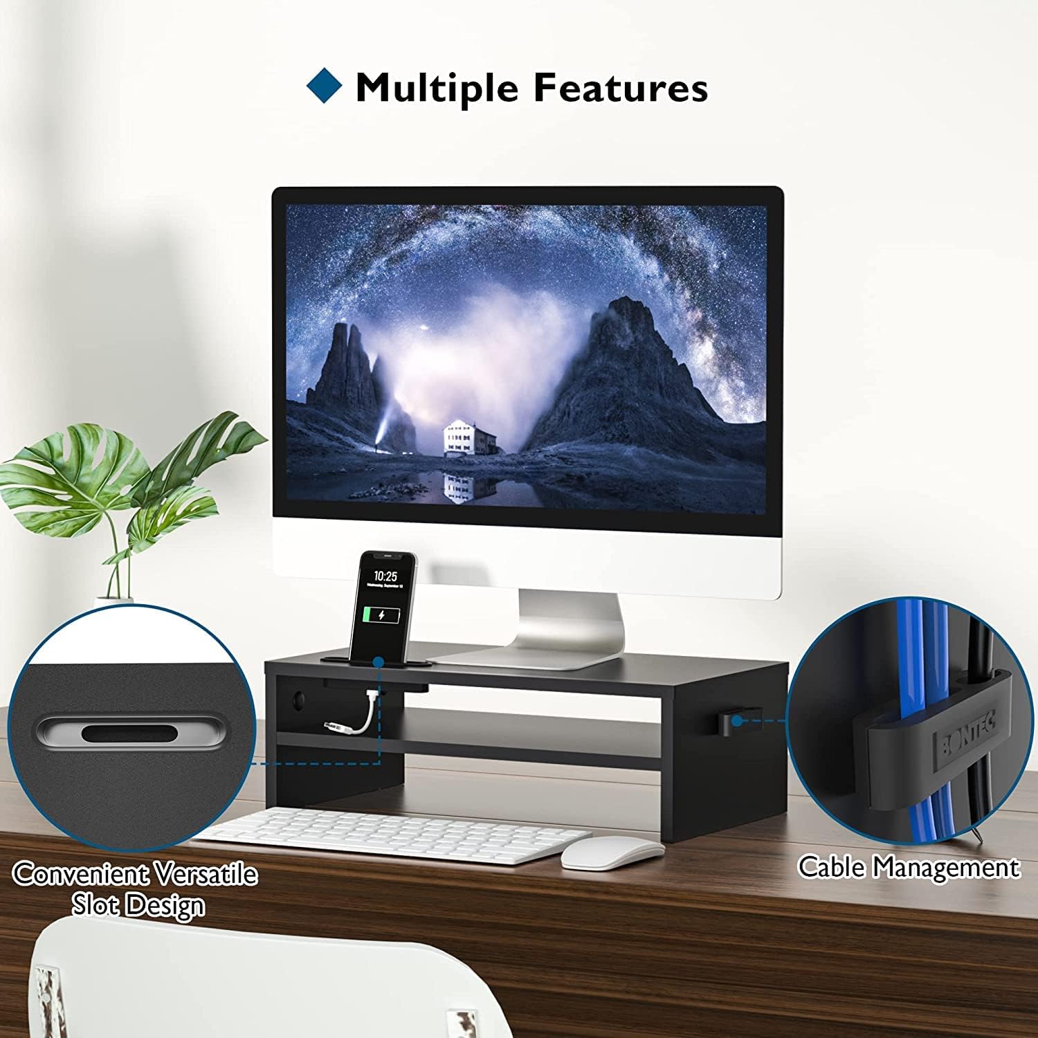 BONTEC - support écran 2 étages bois noir - 420mm - rangement optimal