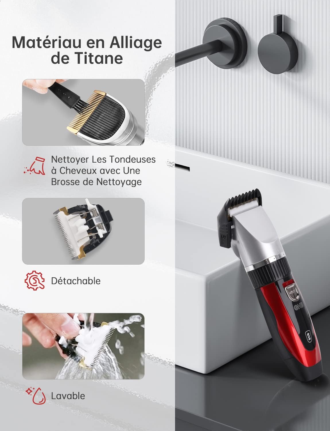 GHB - Tondeuse cheveux pro sans fil, 7 peignes, 2 batteries lithium