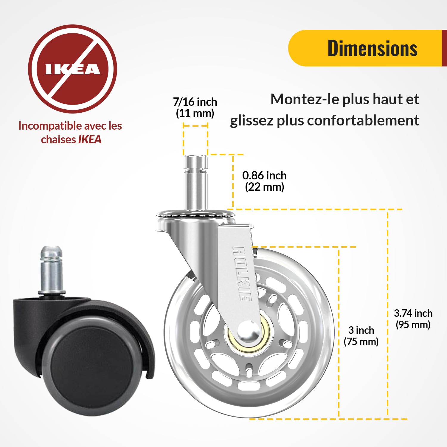 HOLKIE - roulettes chaise bureau 11x22mm - caoutchouc, lot 5, sols bois et tapis