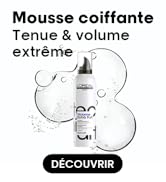 Le texte indique « Mousse coiffante » et « Tenue & volume extrême ». Emballage de mousse coiffante du produit montrant le contenant et un texte sur la tenue et le volume extrêmes.