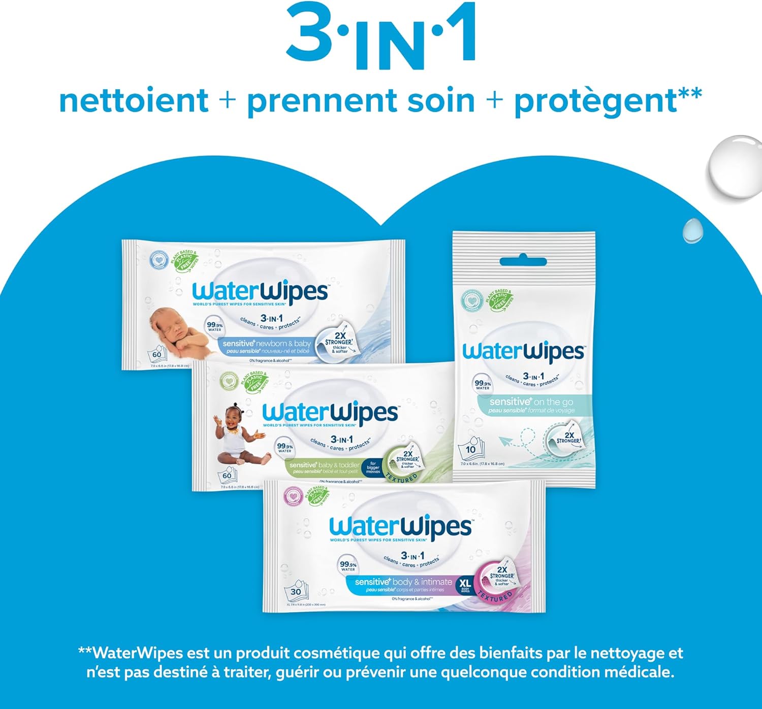 WaterWipes - Sensitive+ - 360 unités - 99,9% eau, non parfumé, 3-en-1