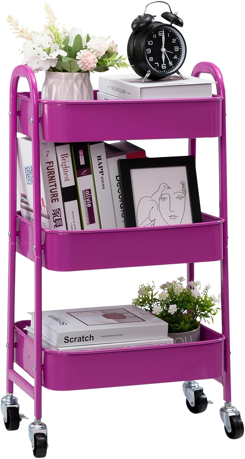 DOEWORKS - chariot rangement 3 niveaux métal roulettes 40x30x86cm, bleu/violet