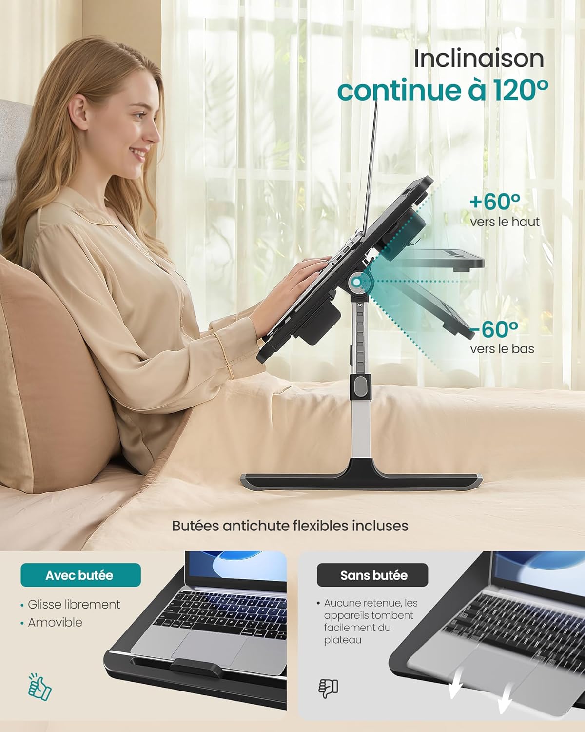 SONGMICS - table de lit pliable 56x40cm, hauteur et inclinaison réglables, porte-gobelet, LLD113BC01