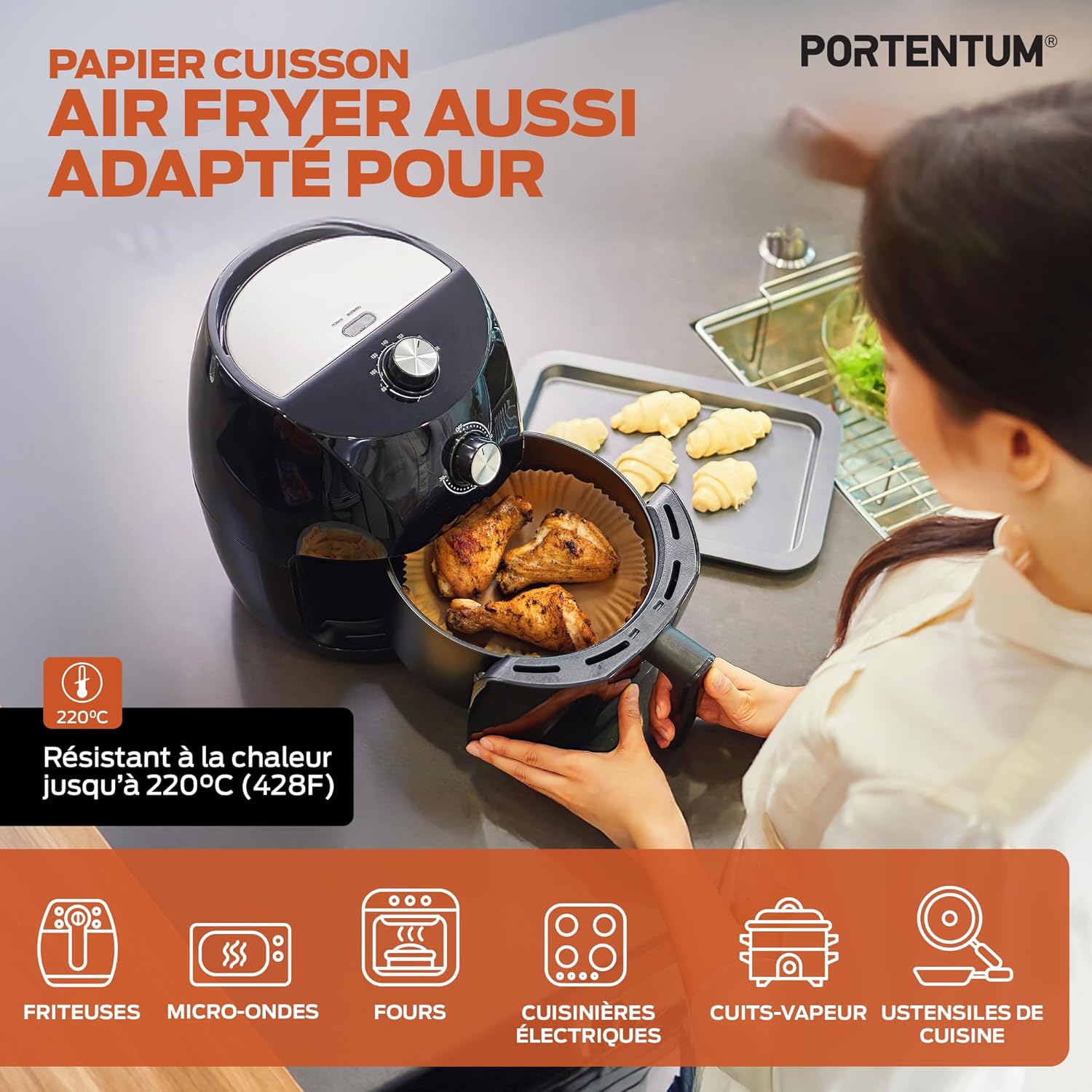 PORTENTUM - Papier cuisson air fryer - 20×24 cm, 100 pièces, BPA free, pour friteuse 5–8L