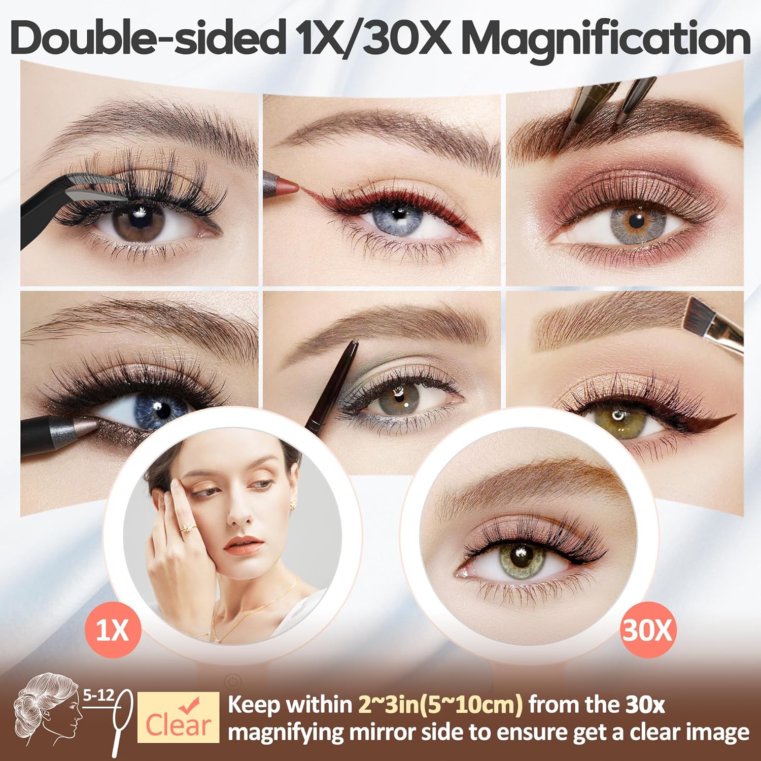 Miroir de maquillage pliable, grossissant 1X/30X, lumineux, 2000mAh