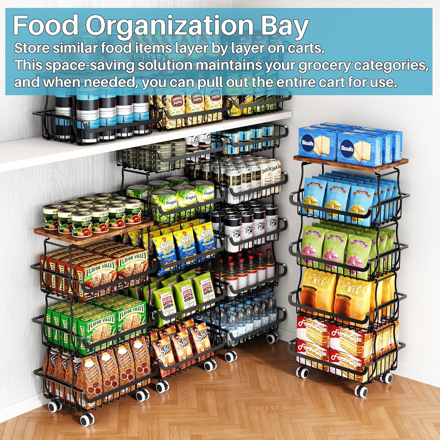 Organisateur de Garde-Manger 4 niveaux, paniers empilables, roulantes, rangement cuisine/salle de bain