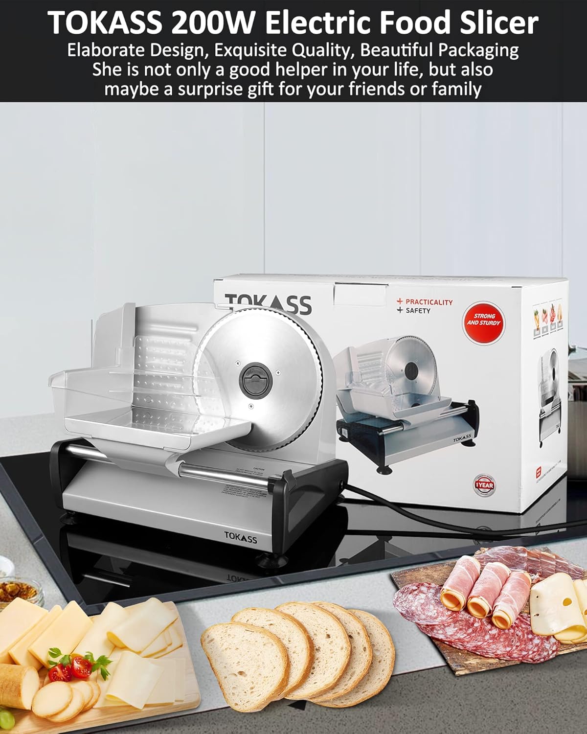 Trancheuse électrique inox – 200W, 2 lames, réglable 0-15mm