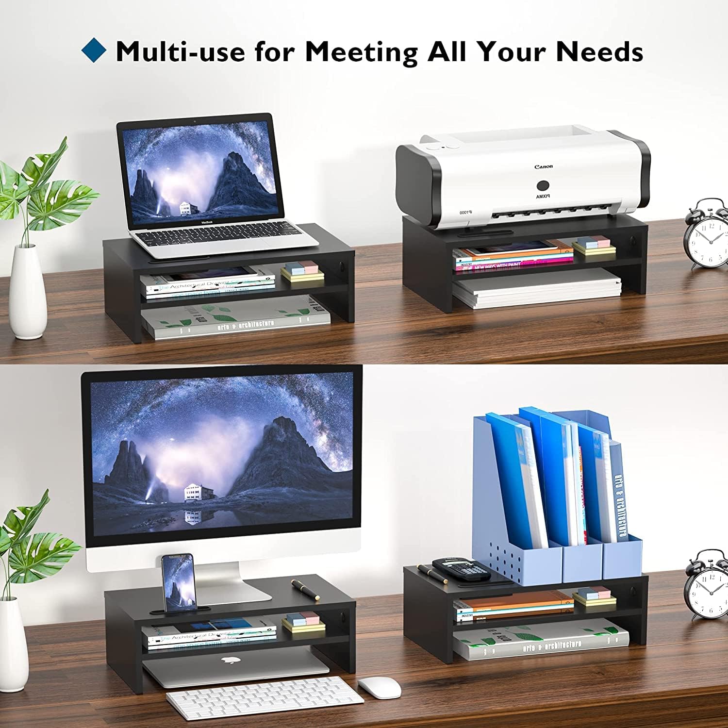 BONTEC - support écran 2 étages bois noir - 420mm - rangement optimal