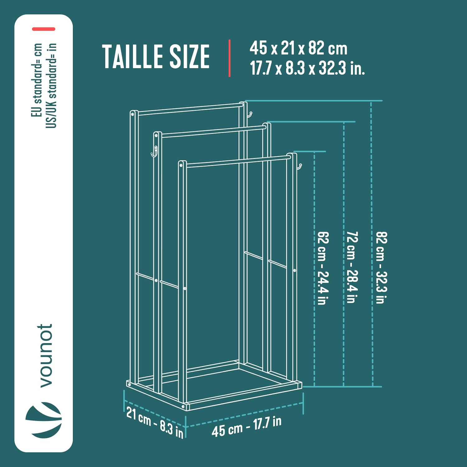 VOUNOT - porte-serviettes autoportant bambou 3 niveaux, crochets, stable