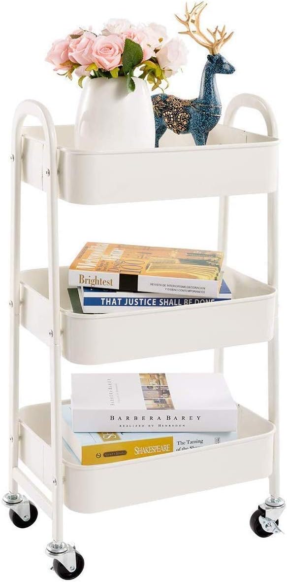 DOEWORKS - chariot métal 3 niveaux, roulettes, blanc, rangement cuisine