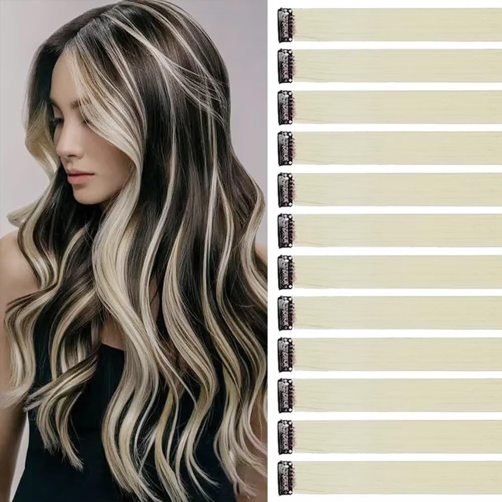 Mèches capillaires - 55 cm - 12 mèches blanches crème, clips multicolores