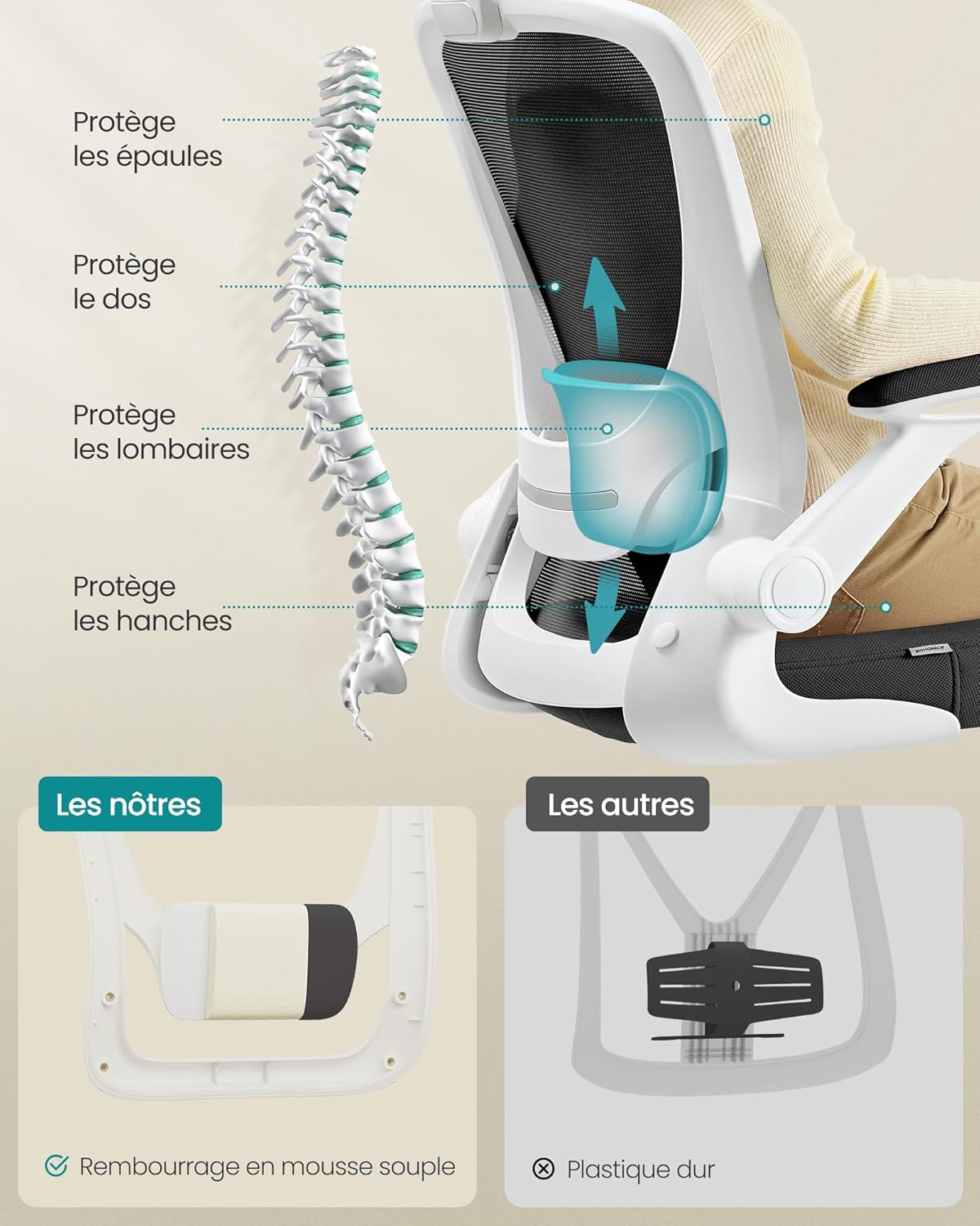SONGMICS - chaise bureau ergonomique - 53 cm - accoudoirs rabattables, support lombaire, assise large, OBN37WT
